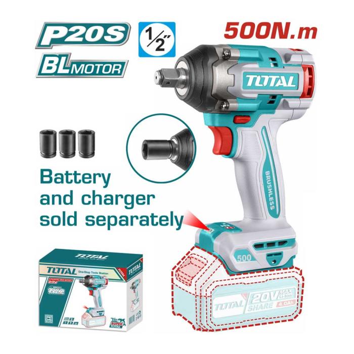 TOTAL Μπουλονόκλειδο Μπαταρίας 20V 500Nm Χωρίς Μπαταρία και Φορτιστή TIWLI20501
