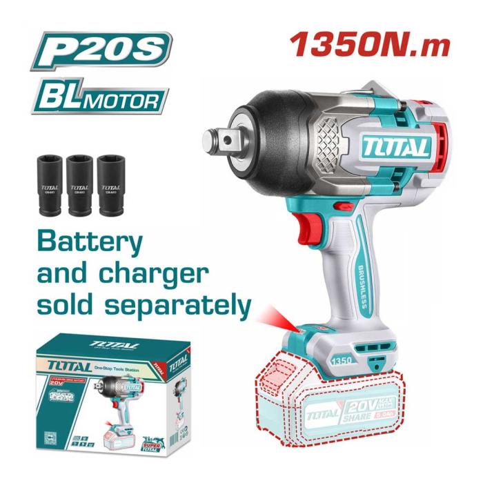 TOTAL Μπουλονόκλειδο Μπαταρίας 20V 1350Nm Χωρίς Μπαταρία και Φορτιστή TIWLI201351