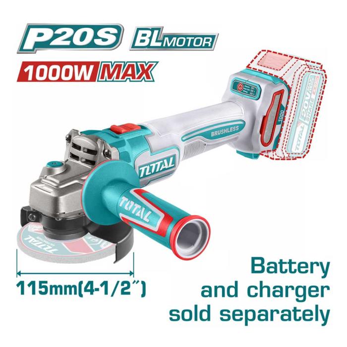 TOTAL Γωνιακός Τροχός Μπαταρίας 20V  115mm Χωρίς Μπαταρία και Φορτιστή TAGLI27153