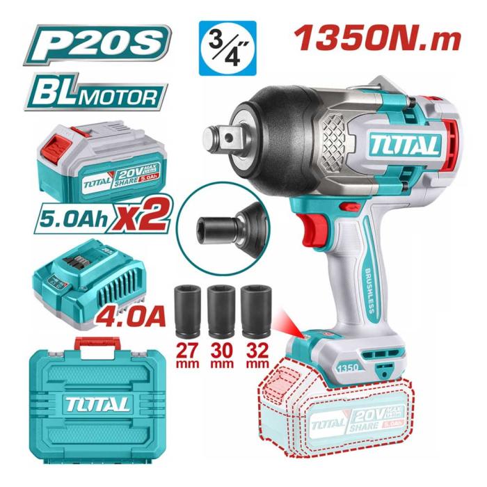 TOTAL Σετ Μπουλονόκλειδο Μπαταρίας 20V 1350Nm με 2 Μπαταρίες 5Ah TIWLI20135