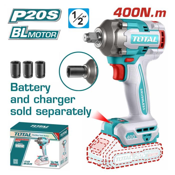 TOTAL Μπουλονόκλειδο Μπαταρίας 20V 400Nm Χωρίς Μπαταρία και Φορτιστή TIWLI20401