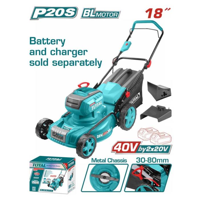 TOTAL Μηχανή Γκαζόν Μπαταρίας 2 x 20V 46cm Χωρίς Μπαταρία και Φορτιστή TLMLI20185