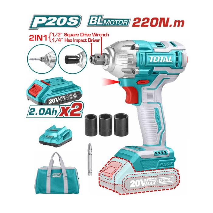 TOTAL Μπουλονόκλειδο και Κατσαβίδι Μπαταρίας 20V 2 x 2Ah 220Nm TIWLI20208